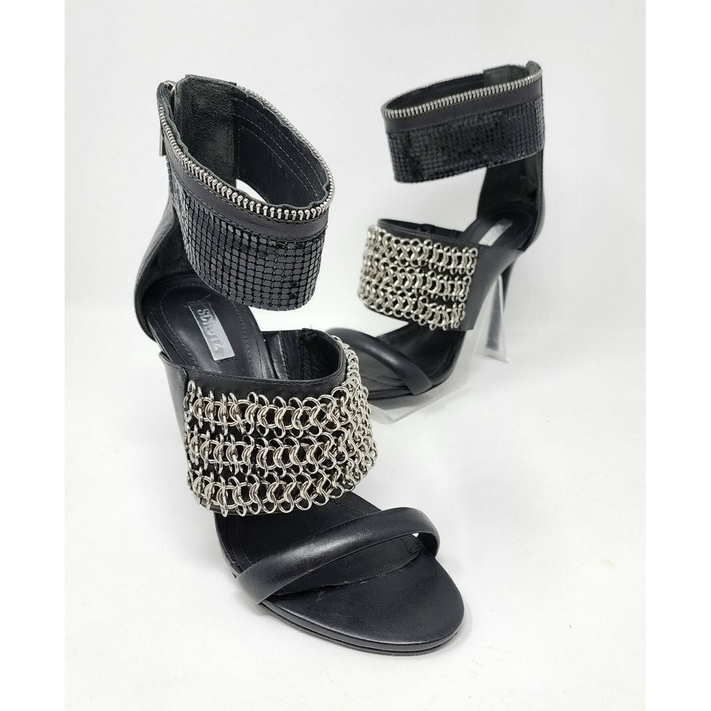 Schutz Shoes Women's 7.5M Sandalia Salto Alto Chain Zip Stiletto Heels Black